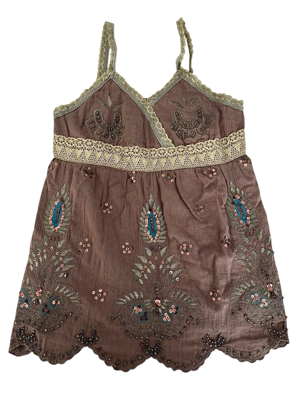 Vintage Y2K Hazel Brown Beaded Cotton Lace Scallop Trim Cami Top